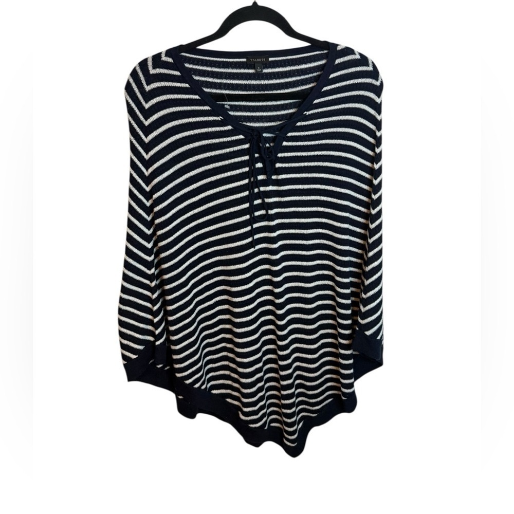 Talbots Navy Blue Striped Lace Up Knit Poncho - Picture 1 of 5